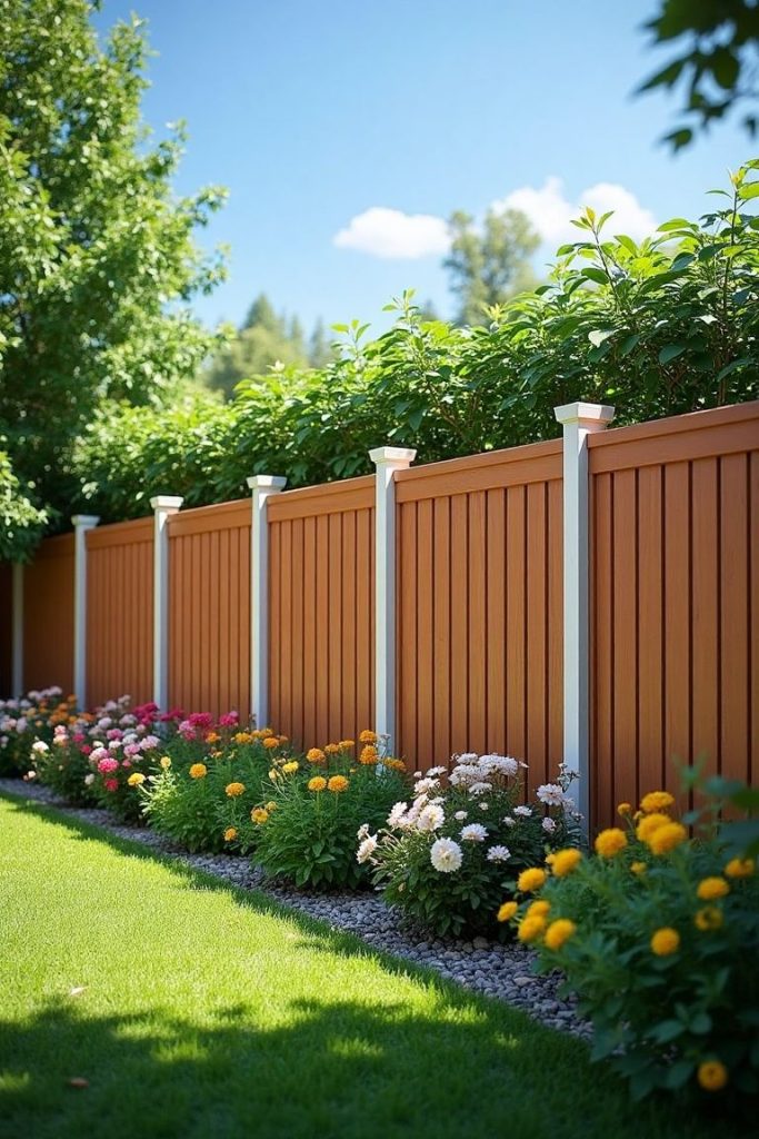 Lemezes kerítés és modern kertdekoráció